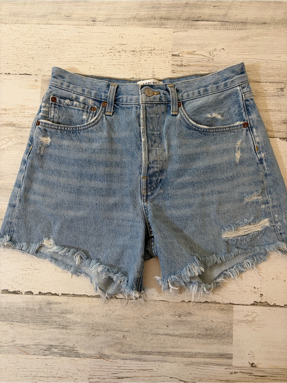 Agolde Parker Long High-Rise Distressed Denim Shorts - Picture 5 of 14